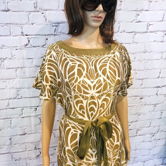 MONSOON, 100% silk dress! Green/cream leaf pattern dress - Picture 5 of 13